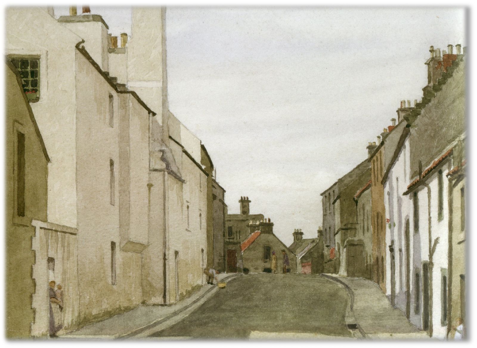 Mary's family home on the left as it looked in the 19th century. From watercolour by Andrew Young. (Burntisland Heritage)